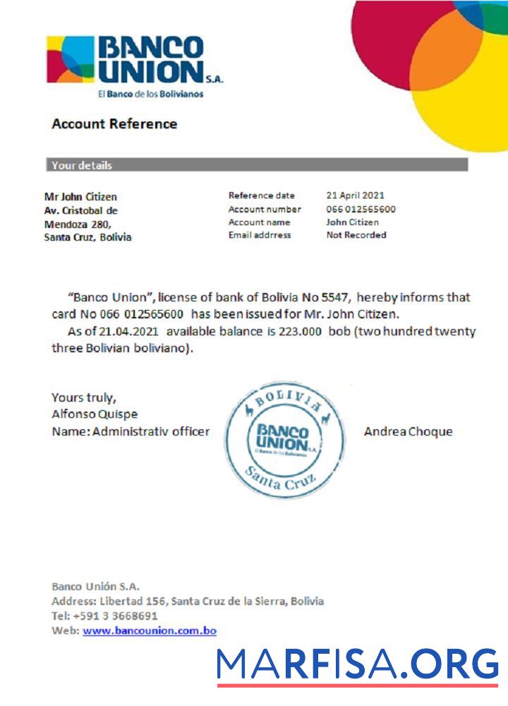 Printable Bolivia Banko Union reference download for verification